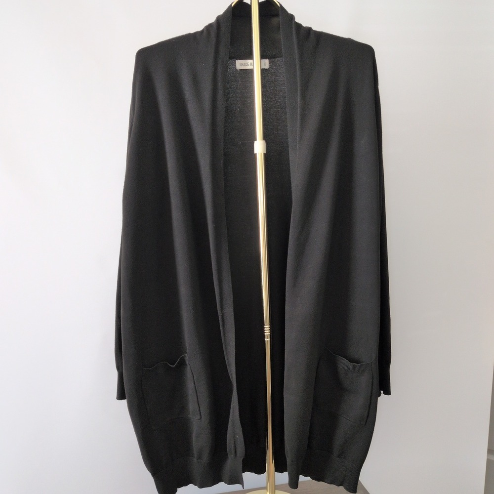Grace Karin Cardigan Women 2XL Black Longline Open Front Duster Knit Sweater
